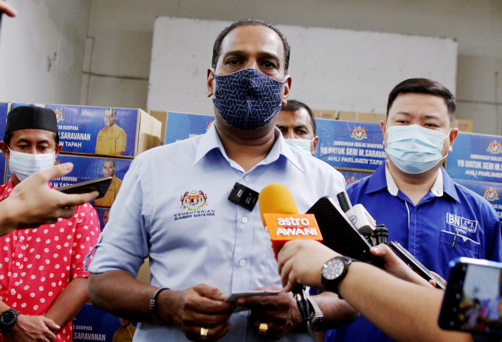 HR Minister Datuk Seri M. Saravanan speaks to the press after a food basket distribution programme at Mahatma Gandhi Hall in Ipoh, July 8, 2021. u00e2u20acu201d Bernama pic 