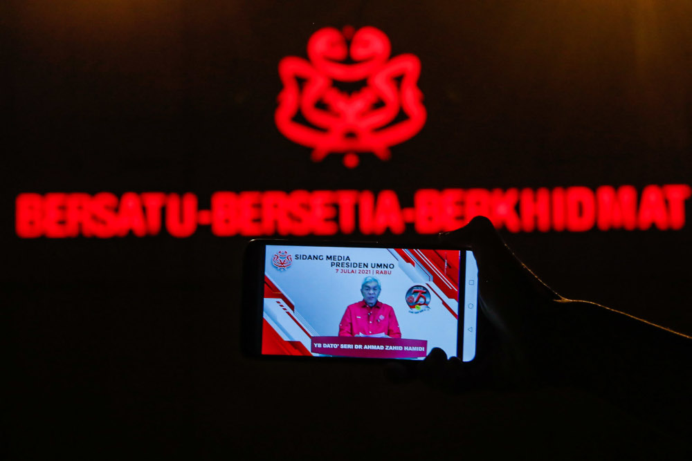 A livestream of Umno president Datuk Seri Ahmad Zahid Hamidiu00e2u20acu2122s online press conference at Umno headquarters in Kuala Lumpur, July 7, 2021. u00e2u20acu201d Picture by Hari Anggara