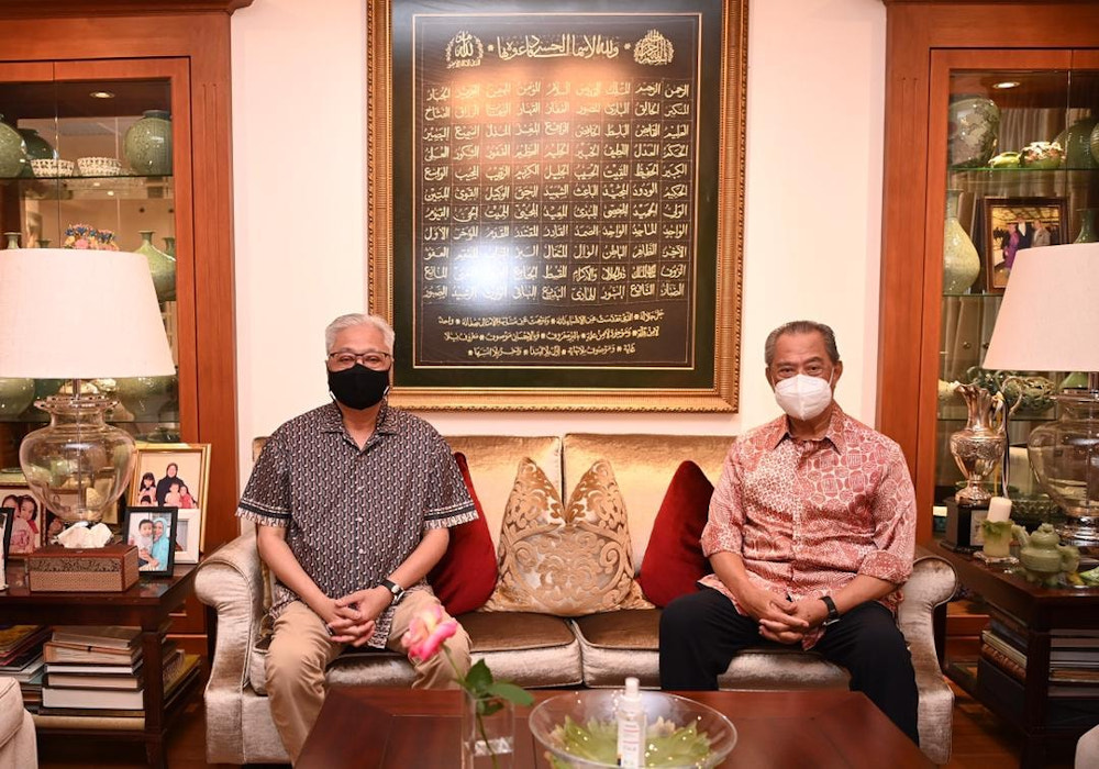 Datuk Seri Ismail Sabri Yaakob (left) and Tan Sri Muhyiddin Yassin are seen during a visit to the latteru00e2u20acu2122s residence in Bukit Damansara August 21, 2021. u00e2u20acu201d Picture via Facebook/Muhyiddin Yassin
