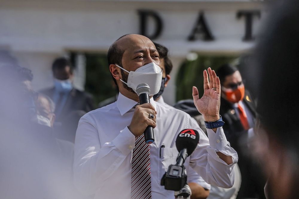 Jerlun MP Datuk Seri Mukhriz Mahathir addresses members of the media at the Merdeka Square in Kuala Lumpur August 2, 2021. u00e2u20acu201d Picture by Hari Anggara