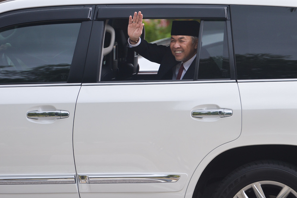 Umno president Datuk Seri Ahmad Zahid Hamidi leaves Istana Negara after an audience with the King, August 17, 2021. u00e2u20acu201d Picture by Miera Zulyana