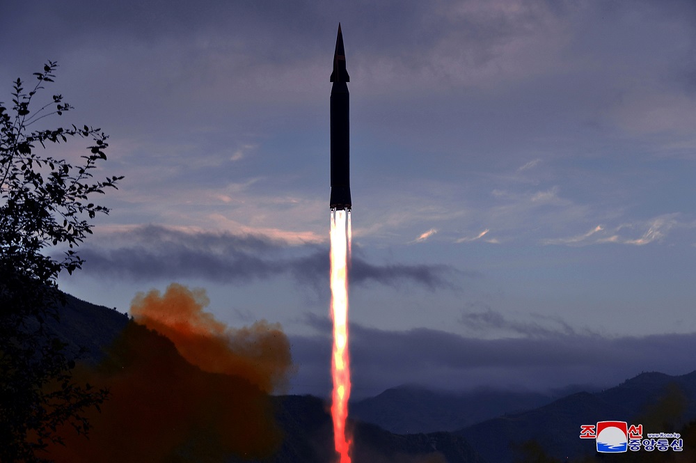 The newly developed hypersonic missile Hwasong-8 is test-fired by the Academy of Defence Science of the DPRK in Toyang-ri, Ryongrim County of Jagang Province, North Korea, in this undated photo released on September 29, 2021. u00e2u20acu201d Picture by KCNA via Reute