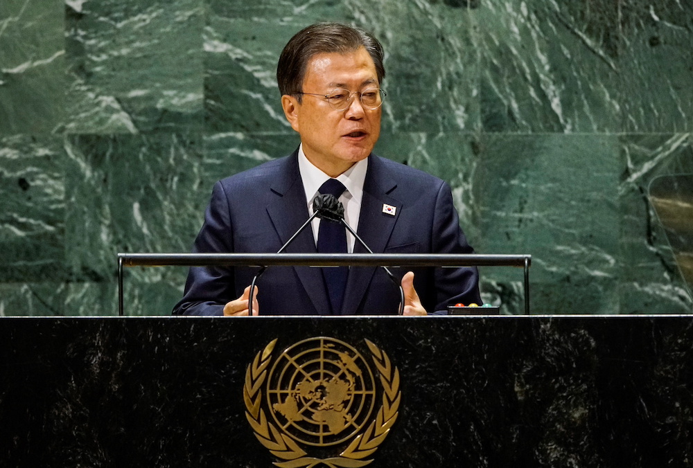 South Korea's President Moon Jae-in speaks at the 76th Session of the UN General Assembly in New York City September 21, 2021. u00e2u20acu201d Reuters pic