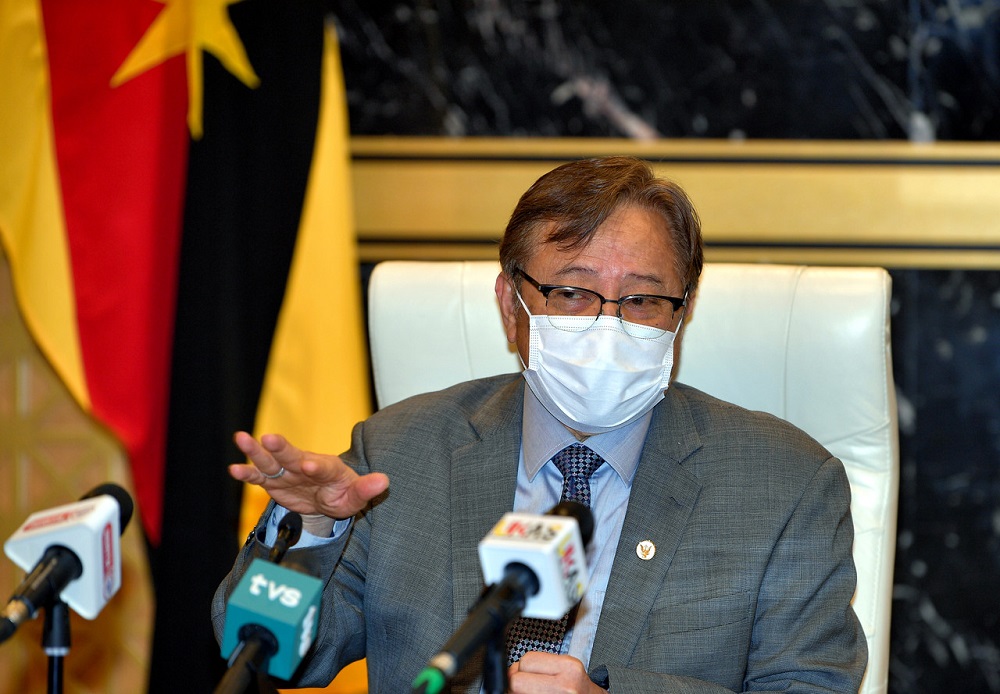 Sarawak Chief Minister Datuk Patinggi Abang Johari Openg speaks during a press conference at Wisma Bapa Malaysia, Petra Jaya September 9, 2021. u00e2u20acu201d Bernama pic 