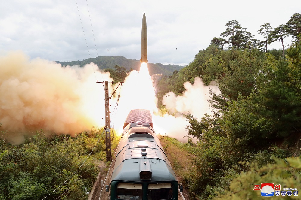 A missile is seen launched during a drill of the Railway Mobile Missile Regiment in North Korea, in this image supplied by North Korea's Korean Central News Agency on September 16, 2021. u00e2u20acu2022 KCNA via Reuters