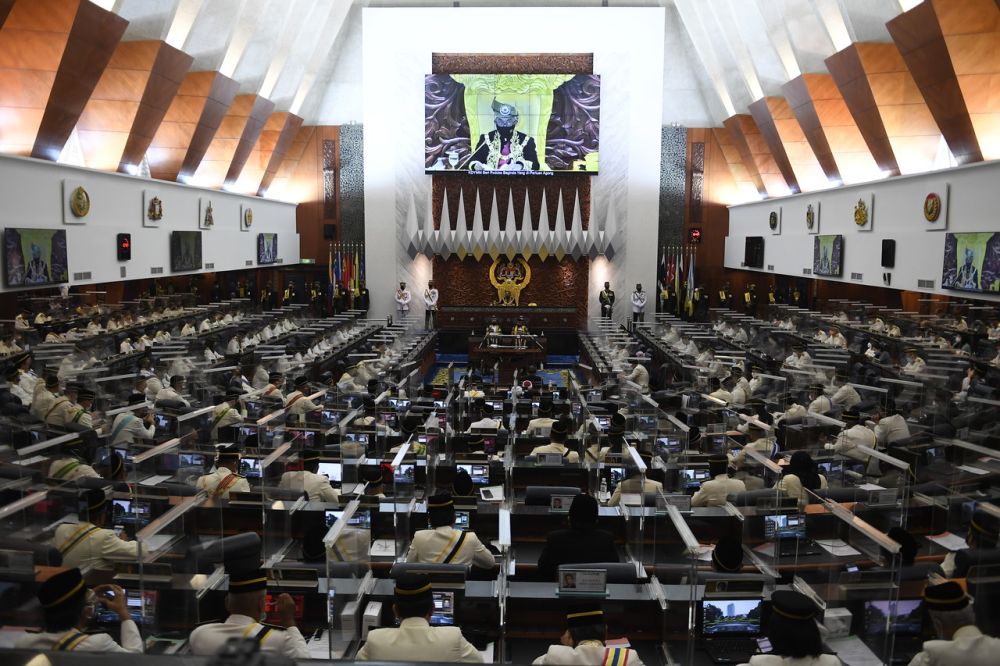 Yang di-Pertuan Agong Al-Sultan Abdullah Ri'ayatuddin Al-Mustafa Billah Shah delivers the royal address during the opening of the first meeting of the fourth term of the 14th Parliament in Kuala Lumpur September 13, 2021. u00e2u20acu201d Bernama picnn