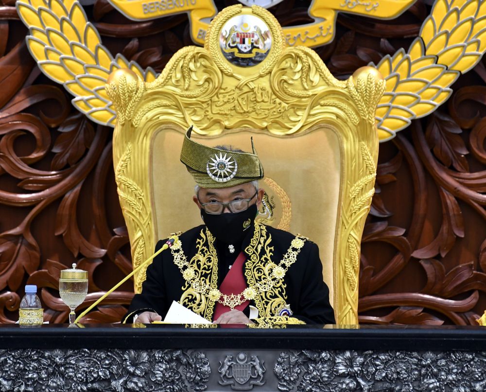Yang di-Pertuan Agong Al-Sultan Abdullah Ri'ayatuddin Al-Mustafa Billah Shah delivers the royal address during the opening of the first meeting of the fourth term of the 14th Parliament in Kuala Lumpur September 13, 2021. u00e2u20acu201d Bernama picnn