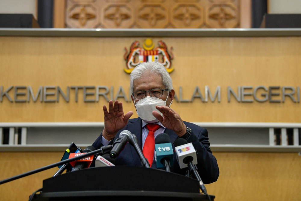 Home Minister Datuk Seri Hamzah Zainudin speaks at a press conference at the Home Ministry in Putrajaya, September 24, 2021. u00e2u20acu201d Bernama pic 