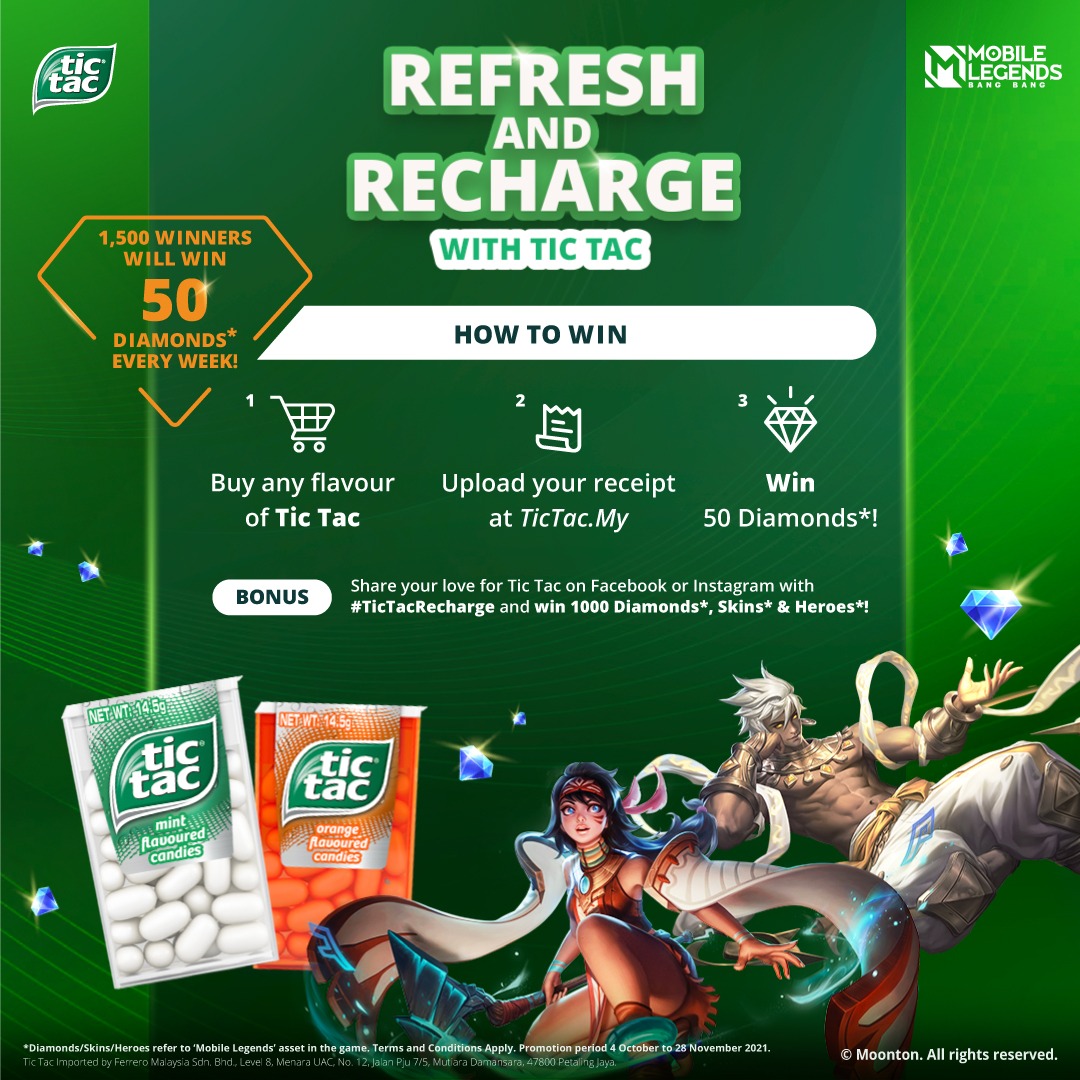 大马TicTac与《MobileLegends》联办的“Refresh and Recharge”活动将从10月4日持续至11月28日（为期8周），所有18岁或以上大马公民皆可参与。-大马TicTac供图-