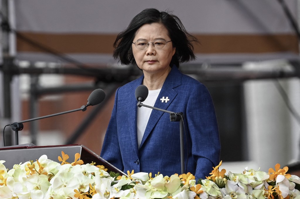 Taiwanu00e2u20acu2122s President Tsai Ing-wen speaks during national day celebrations in front of the Presidential Palace in Taipei on October 10, 2021. u00e2u20acu201d AFP pic