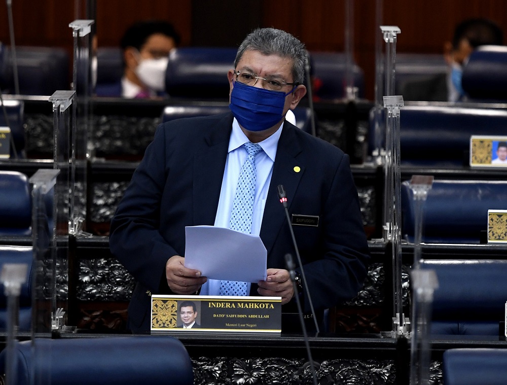 Foreign Minister Datuk Saifuddin Abdullah speaks during a question-and-answer session at the Dewan Rakyat today, October 6, 2021. u00e2u20acu2022 Bernama pic