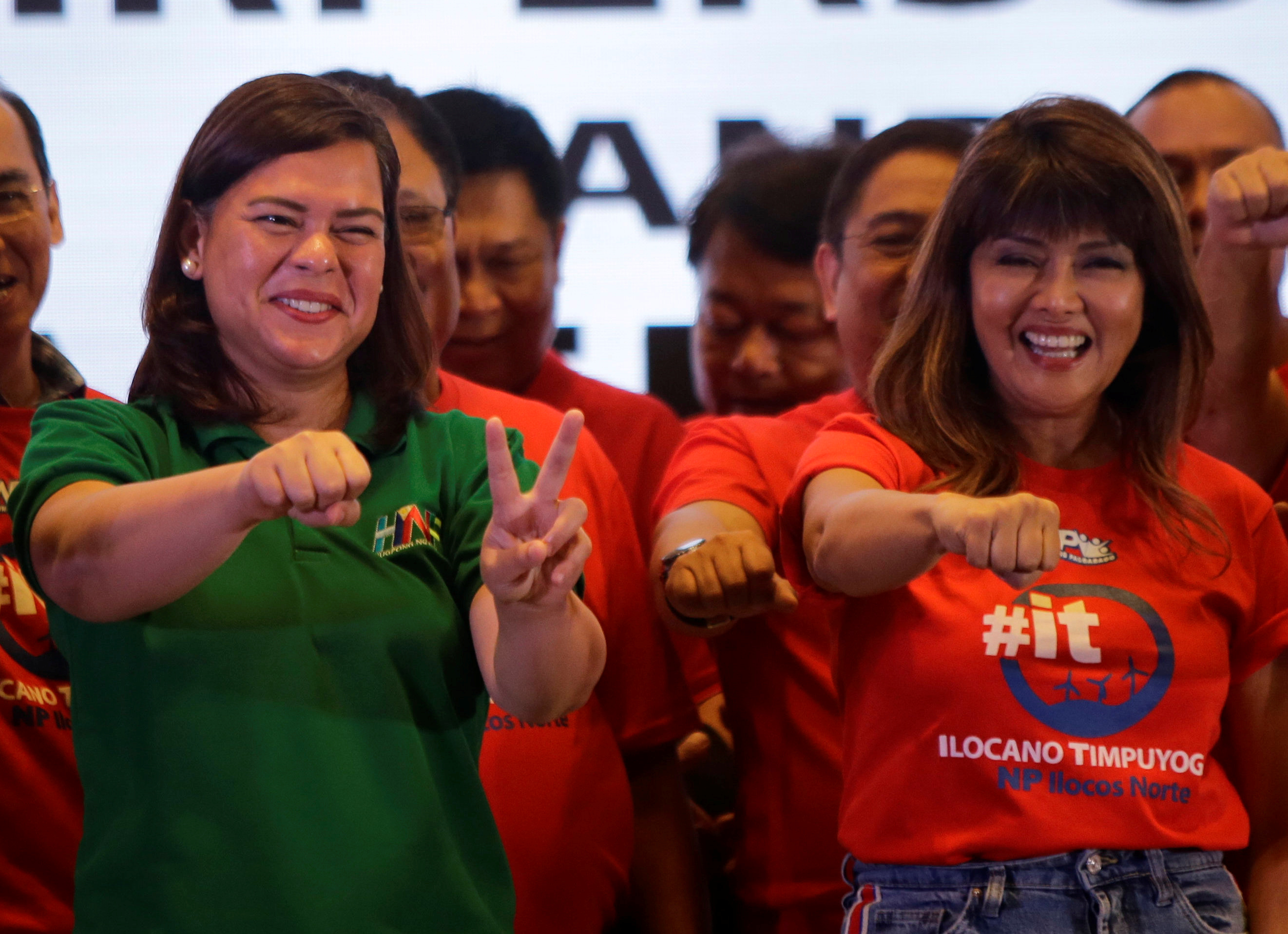 Davao City Mayor Sara Duterte-Carpio (left) and Ilocos Norte Governor Imee Marcos gestures during an alliance meeting with local political parties in Paranaque, Metro Manila in Philippines, August 13, 2018. u00e2u20acu201d Reuters pic