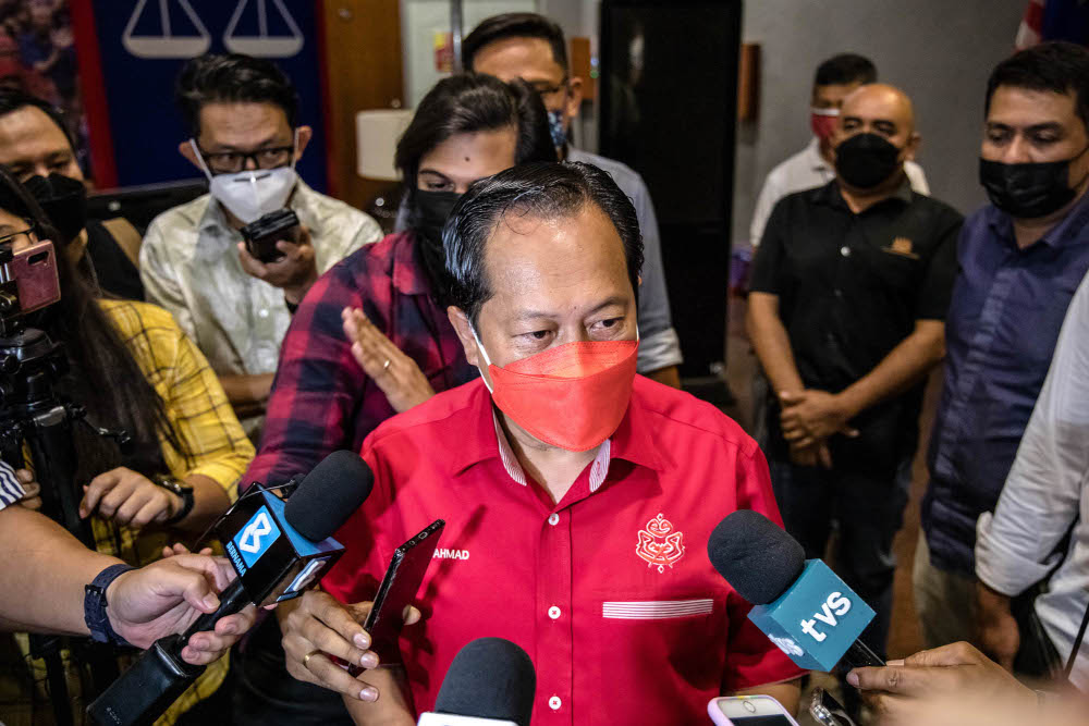 Umno secretary-general Datuk Seri Ahmad Maslan is pictured at Umno headquarters in Kuala Lumpur, October 14, 2021. u00e2u20acu201d Picture by Firdaus Latif