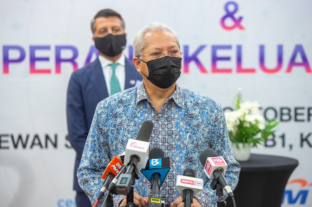 Communications and Multimedia Minister Tan Sri Annuar Musa speaks during the launch of the Malaysian Family Youth and Device Packages in Putrajaya October 14, 2021. u00e2u20acu2022 Picture by Shafwan Zaidon