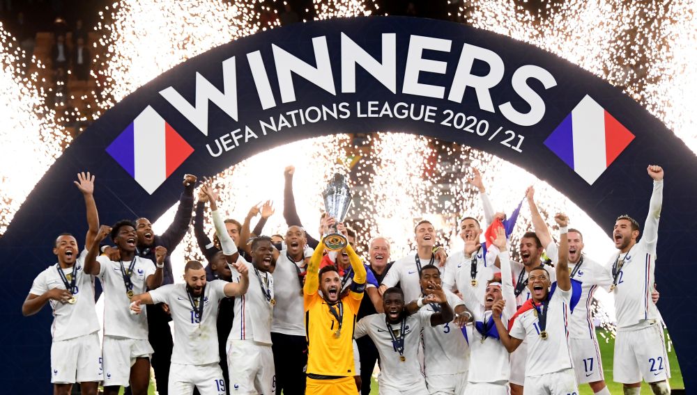 France's Hugo Lloris lifts the trophy as they celebrate after winning the Nations League at San Siro, Milan October 10, 2021. u00e2u20acu201d Reuters pic