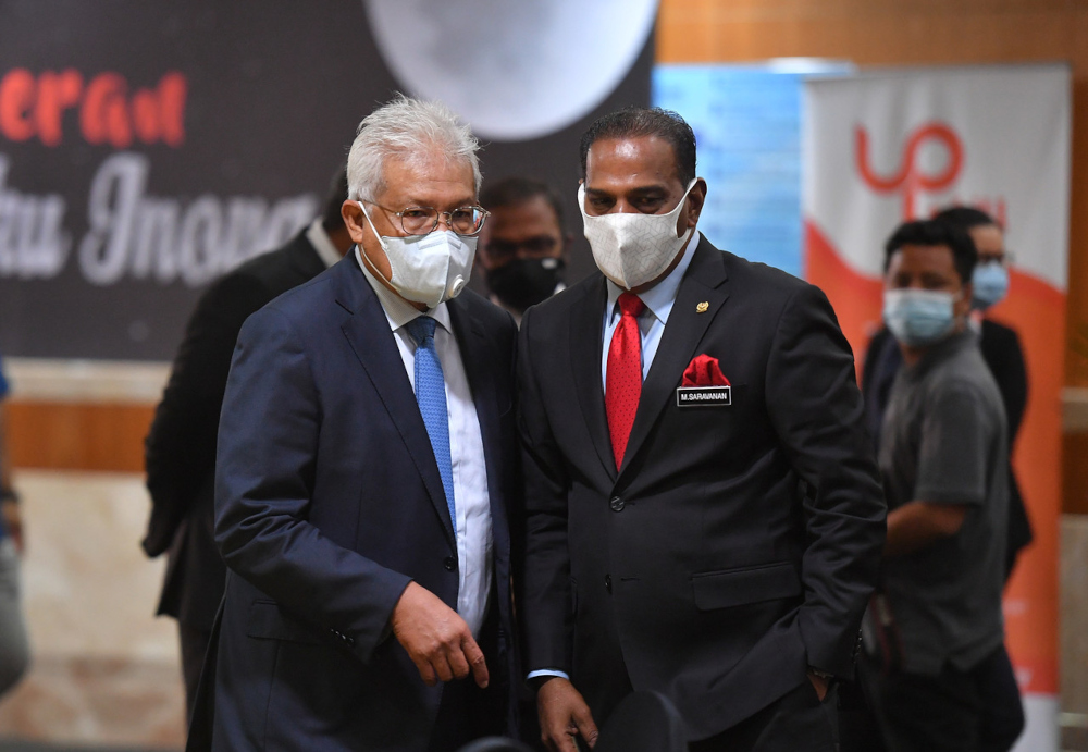 Home Minister Datuk Seri Hamzah Zainudin with Human Resources Minister Datuk Seri M Saravanan at the joint meeting on foreign workers in Putrajaya, October 26, 2021. u00e2u20acu201d Bernama pic 