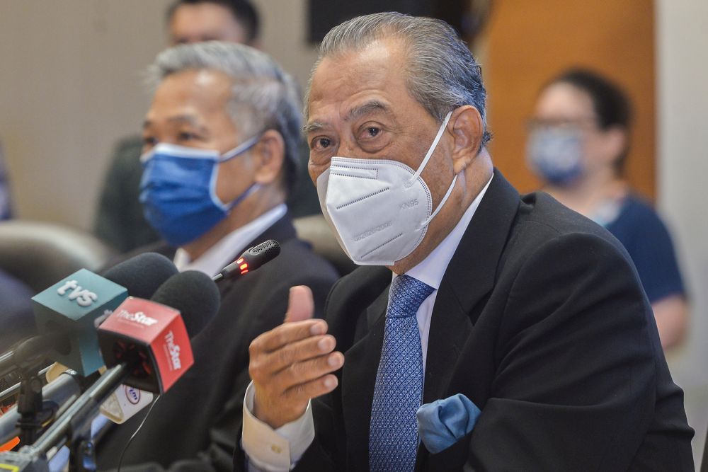 Tan Sri Muhyiddin Yassin, president of the National Recovery Council, speaks during a press conference in Lanai Kijang, Kuala Lumpur October 15, 2021. u00e2u20acu201d Picture by Miera Zulyanan