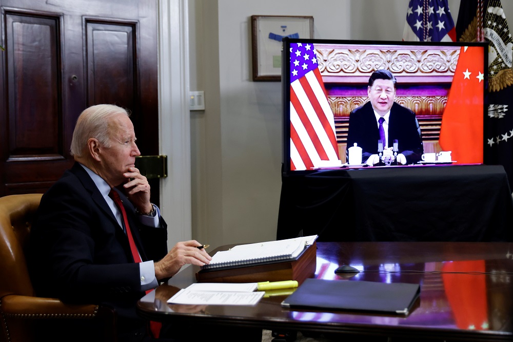 US President Joe Biden speaks virtually with Chinese leader Xi Jinping from the White House in Washington November 15, 2021. u00e2u20acu201d Reuters pic