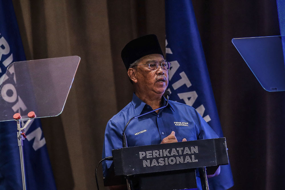 Perikatan Nasional chairman Tan Sri Muhyiddin Yassin speaks during the launch of Melaka State Election (PRN) manifesto book at the Glenmarie Hotel and Resort November 14, 2021. u00e2u20acu2022 Picture by Hari Anggara