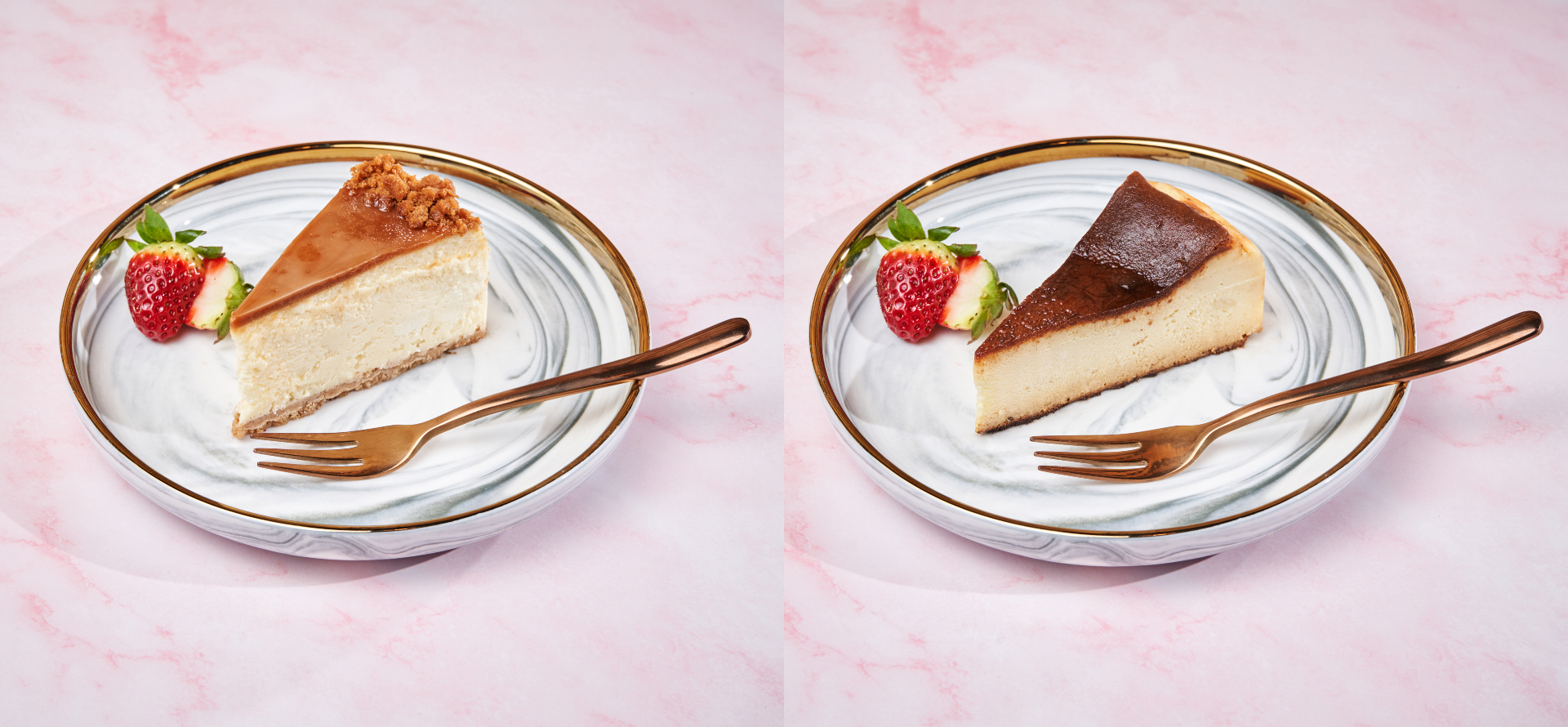 这是Biscoff Baked Cheesecake（左）以及香浓焦烤芝士蛋糕。-foodpanda提供-
