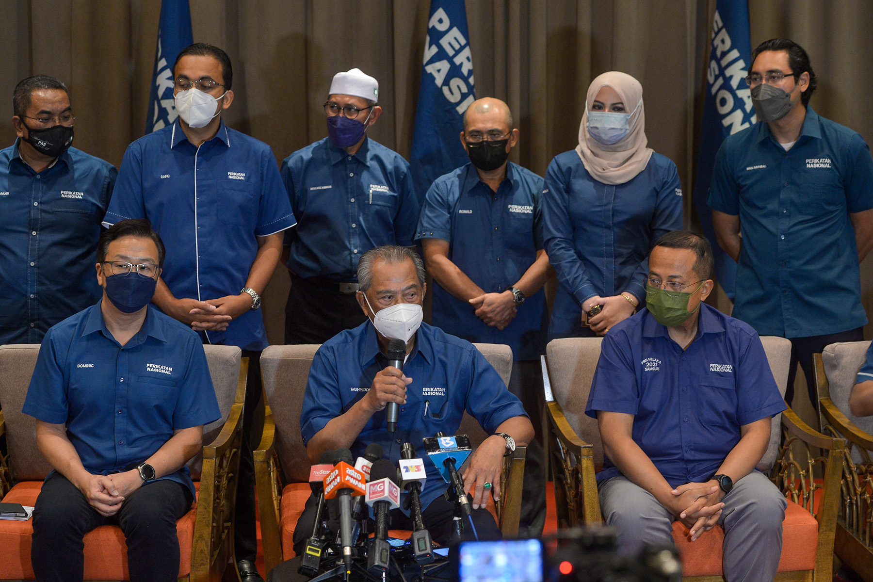 President of Perikatan Nasional (PN), Tan Sri Muhyiddin Yassin speaks during the candidate announcement ceremony by Perikatan Nasional for the Melaka State Election in Shah Alam on November 6, 2021. u00e2u20acu201d Picture by Miera Zulyana