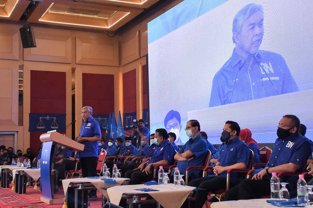 Barisan Nasional (BN) Chairman Datuk Seri Ahmad Zahid Hamidi speaking at the launch of the BN machinery for the Melaka 2021 State Election, October 27, 2021, in Kuala Lumpur. u00e2u20acu201d Bernama pic 