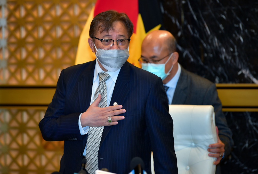 Sarawak Chief Minister Datuk Patinggi Abang Johari Openg after witnessing a Contract Signing Ceremony for Sarawak Shell Bhd Timi Field Development Project at Wisma Bapa Malaysia, Petra Jaya, November 4, 2021. u00e2u20acu201d Bernama pic 