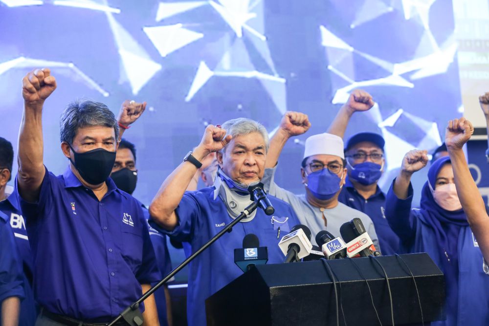 Umno president Datuk Seri Ahmad Zahid Hamidi delivers his speech after Barisan Nasional was declared winner of the Melaka state election in Ayer Keroh November 20, 2021. u00e2u20acu2022 Picture by Ahmad Zamzahuri