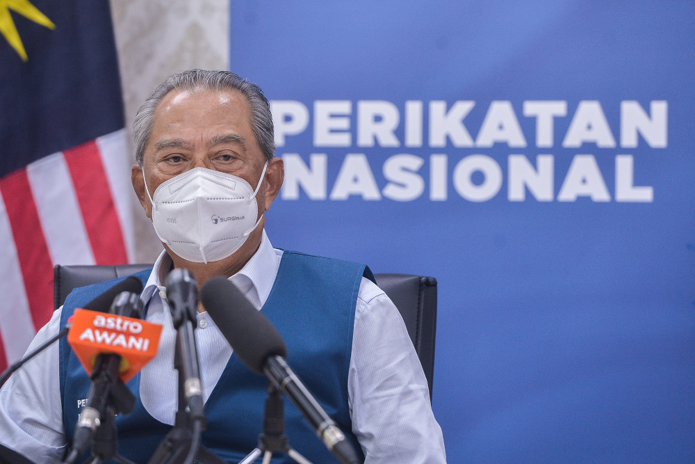 Perikatan Nasional chairman Tan Sri Muhyiddin Yassin during a press conference on the announcement of Melaka chief minister candidate at PN headquarters, Kuala Lumpur, November 18, 2021. u00e2u20acu201d Picture by Miera Zulyana