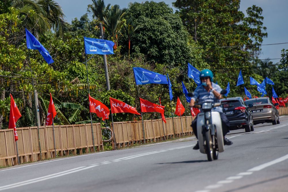Barisan Nasional and Pakatan Harapan flags are pictured along Jalan Pokok Mangga in Melaka November 9, 2021. u00e2u20acu2022 Picture by Shafwan Zaidon