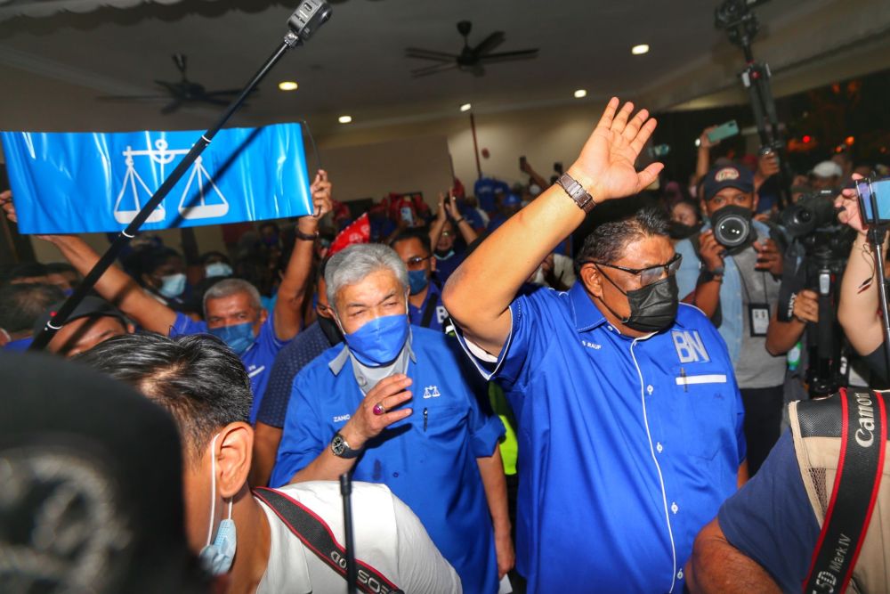 Datuk Seri Ahmad Zahid Hamidi and Datuk Seri Ab Rauf are pictured at Barisan Nasional's command centre in Ayer Keroh November 20, 2021.u00e2u20acu2022 Picture by Ahmad Zamzahuri