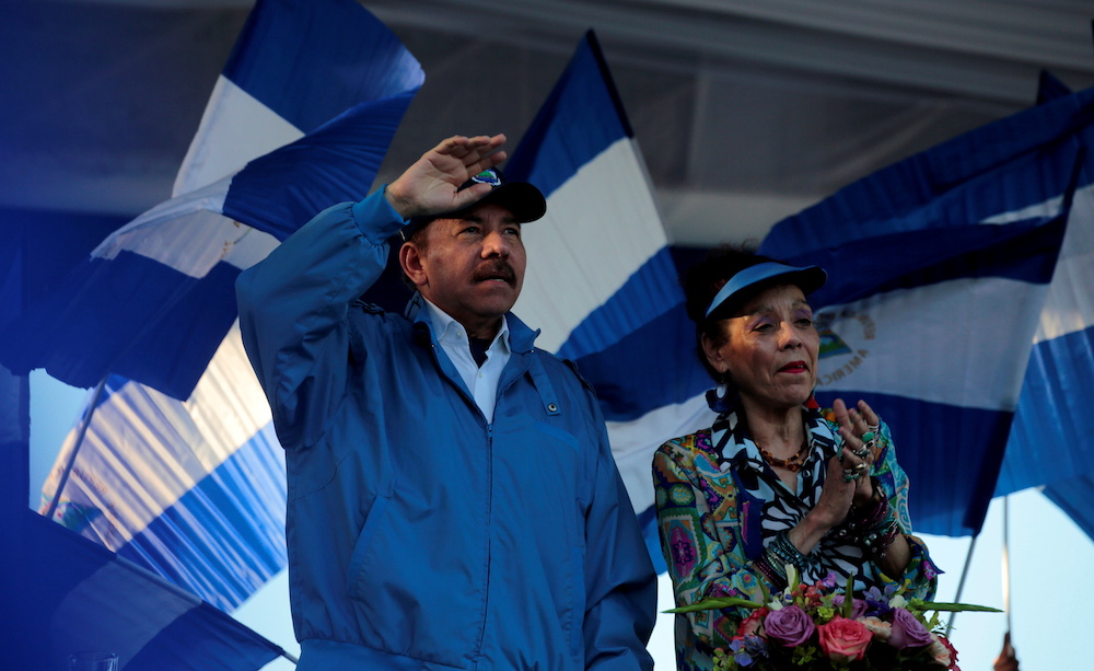 Nicaraguan President Daniel Ortega and Vice President Rosario Murillo gesture during a march in Managua, Nicaragua September 5, 2018. u00e2u20acu201d Reuters/Oswaldo Rivas/file photo