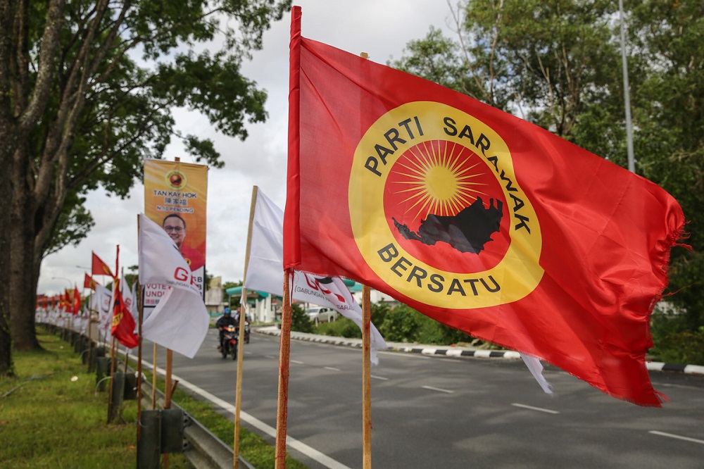 Parti Sarawak Bersatu flags are seen along a road ahead of the Sarawak State polls,  in Kuching December 15, 2021. u00e2u20acu201d Picture by Yusof Mat Isa