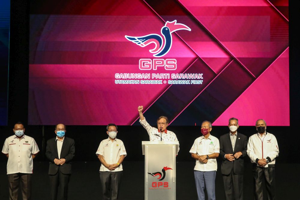 Gabungan Parti Sarawak chairman Tan Sri Abang Johari Openg delivers his victory speech at the Borneo Convention Centre, Kuching December 18, 2021. u00e2u20acu2022 Picture by Yusof Mat Isa