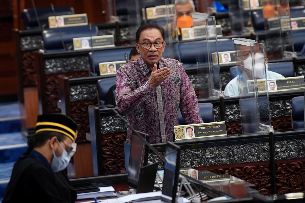 Opposition Leader Datuk Seri Anwar Ibrahim addresses members of Parliament in Dewan Rakyat December 2, 2021. u00e2u20acu201d Bernama pic