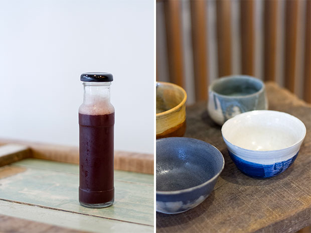 郑佳仪也有贩售以红葡萄为原料的自制益生菌“克菲尔”(左),右图为手工陶艺成品。-CK Lim摄-