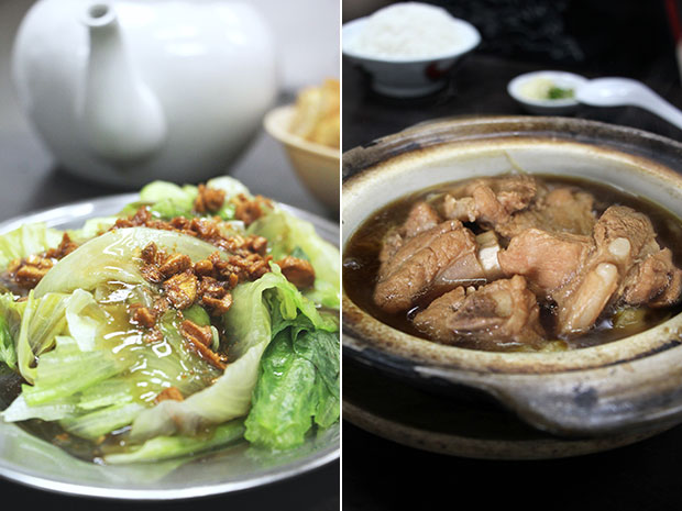 肥佬肉骨茶药材味重，就比较适合广东人的口味，另外可加上一盘油菜来锦上添花。