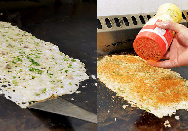 洋葱Dosa单单看制作过程，就感觉嗅到食物香气了呢。