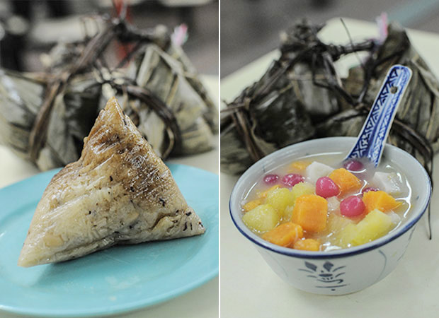 粤式白肉粽（左）和摩摩喳喳（右）都是这档的人气食品。