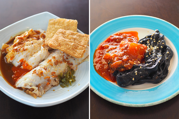 包裹着炖豆薯的猪肠粉（左），和加入竹炭元素的黑猪肠粉（右），你想吃哪一种呢？-Lee Khang Yi摄-